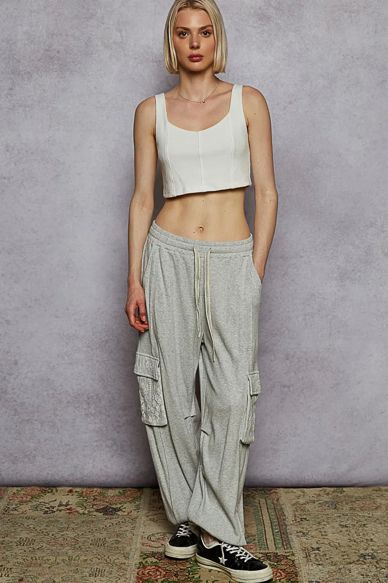 POL Heather Gray Contrast Lace Overlay Pocket Patch Thermal Knit Joggers