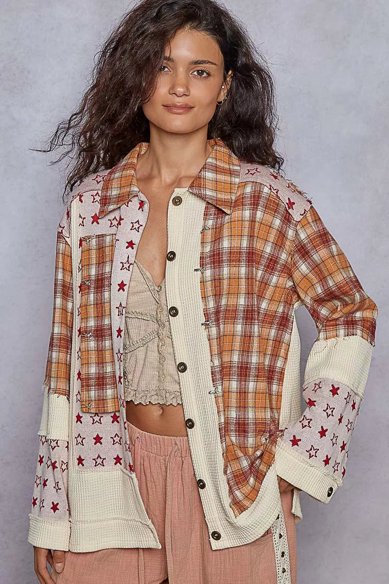 POL Cream Plaid and Star Contrast Button Down Shacket CREAM