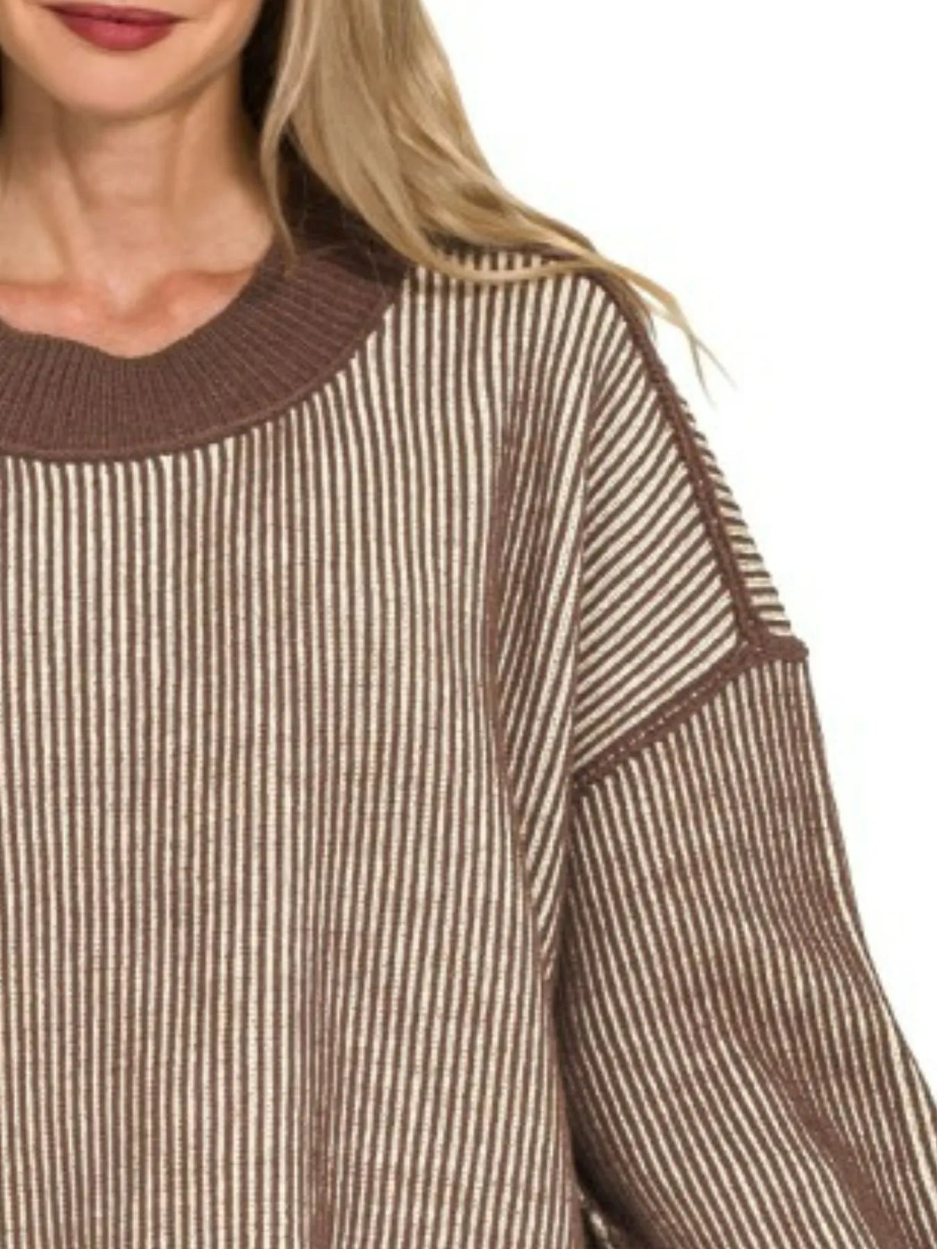 Zenana Brown Exposed Seam Two Tone Ribbed Sweater