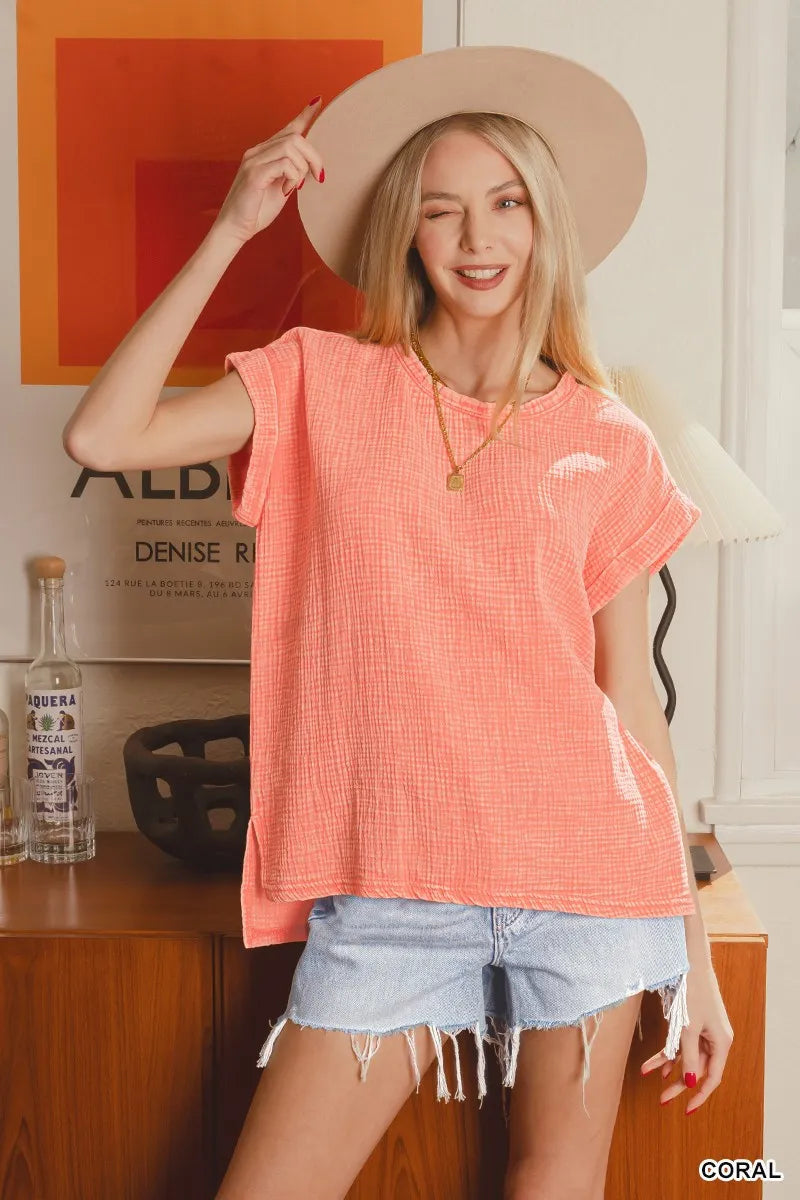 Zenana Coral Woven Double Gauze Acid Washed Short Sleeve Top CORAL