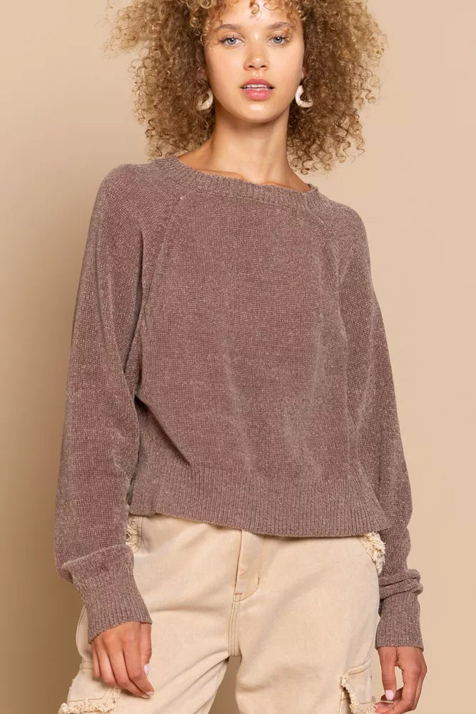 POL Chocolate Round Neck Backless Sweater with Ribbed Edge Chocolate