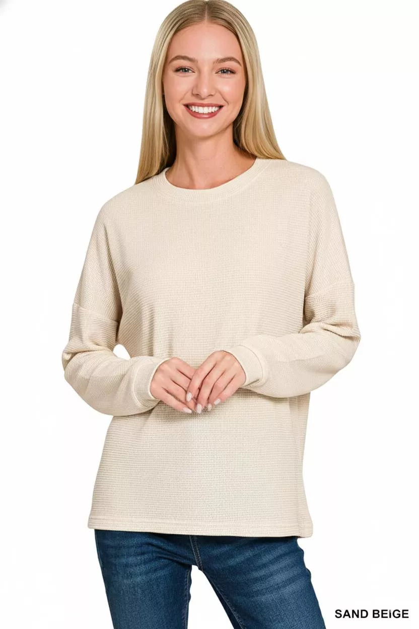 Zenana Sand Beige Double Knit Round Neck Long Sleeve Top