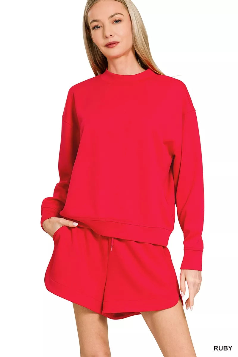 Zenana Ruby Scuba Long Sleeve Sweatshirt and Shorts Set RUBY