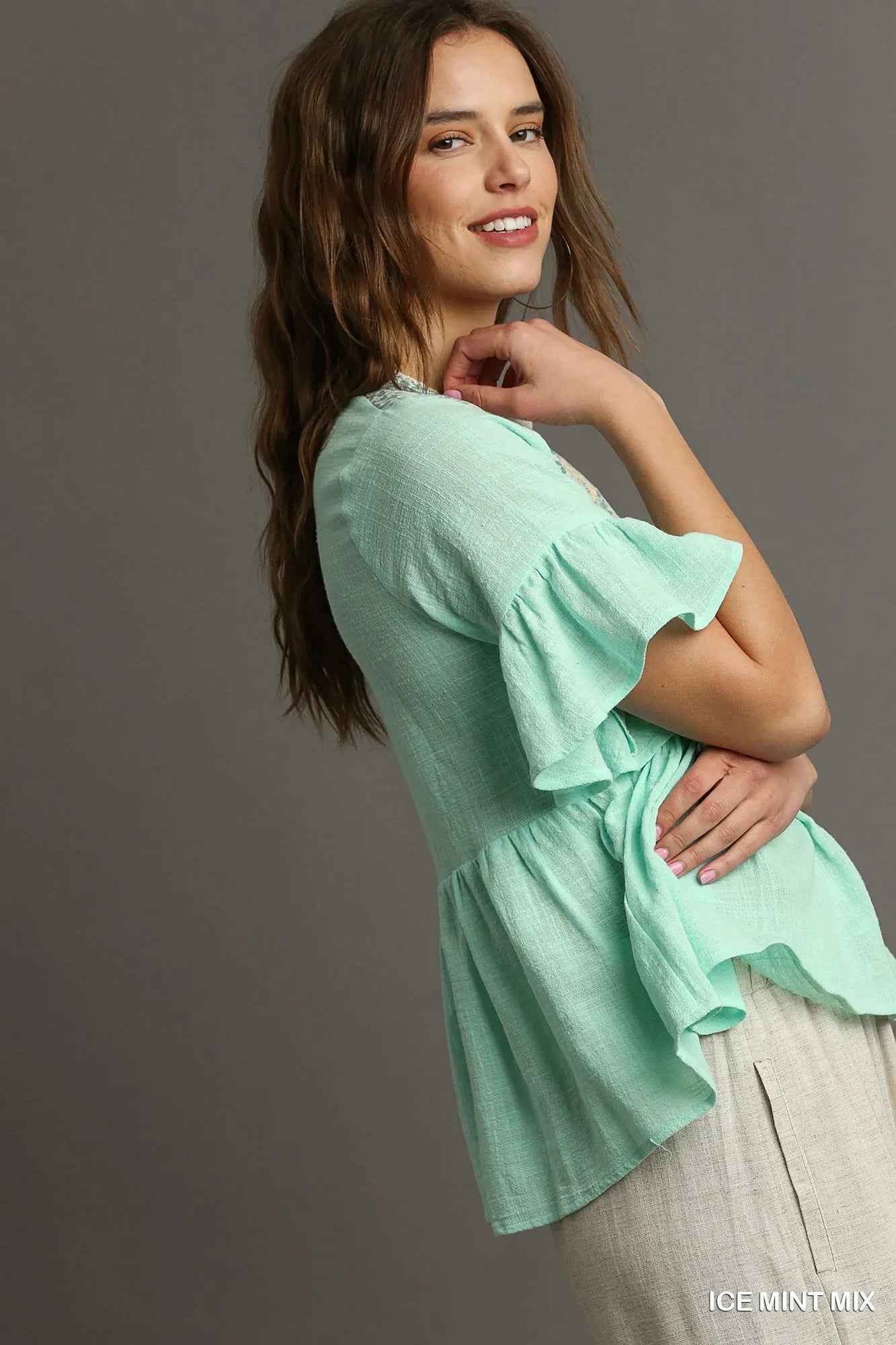 Umgee Ice Mint Mix Floral Lace Trimmed Detail Half Sleeve Babydoll Top