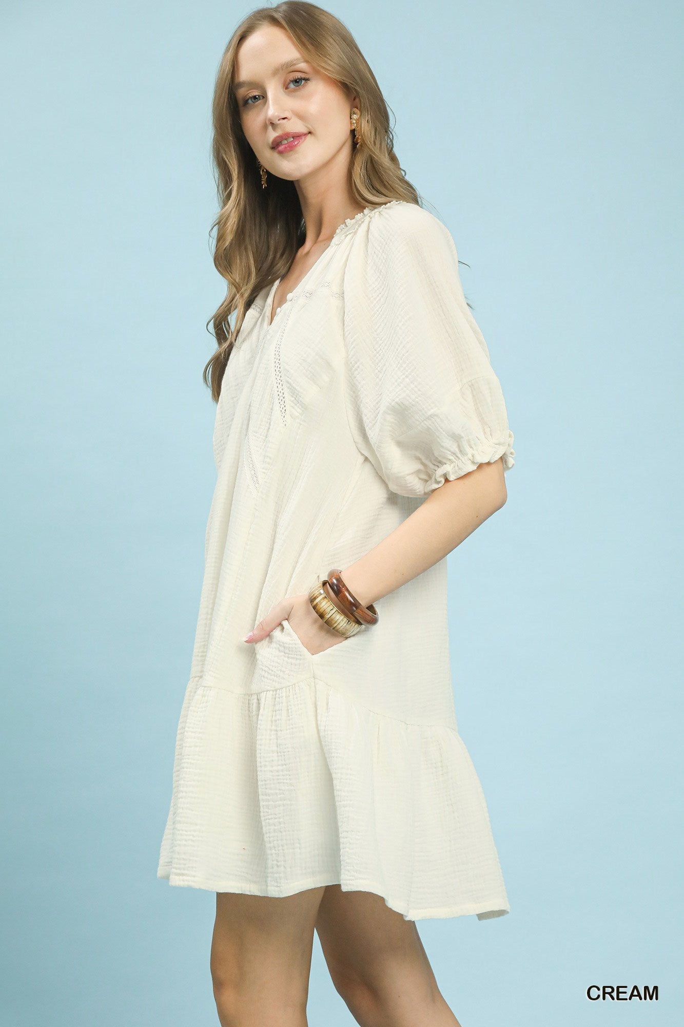 Umgee Cream Cotton Gauze Mini Dress