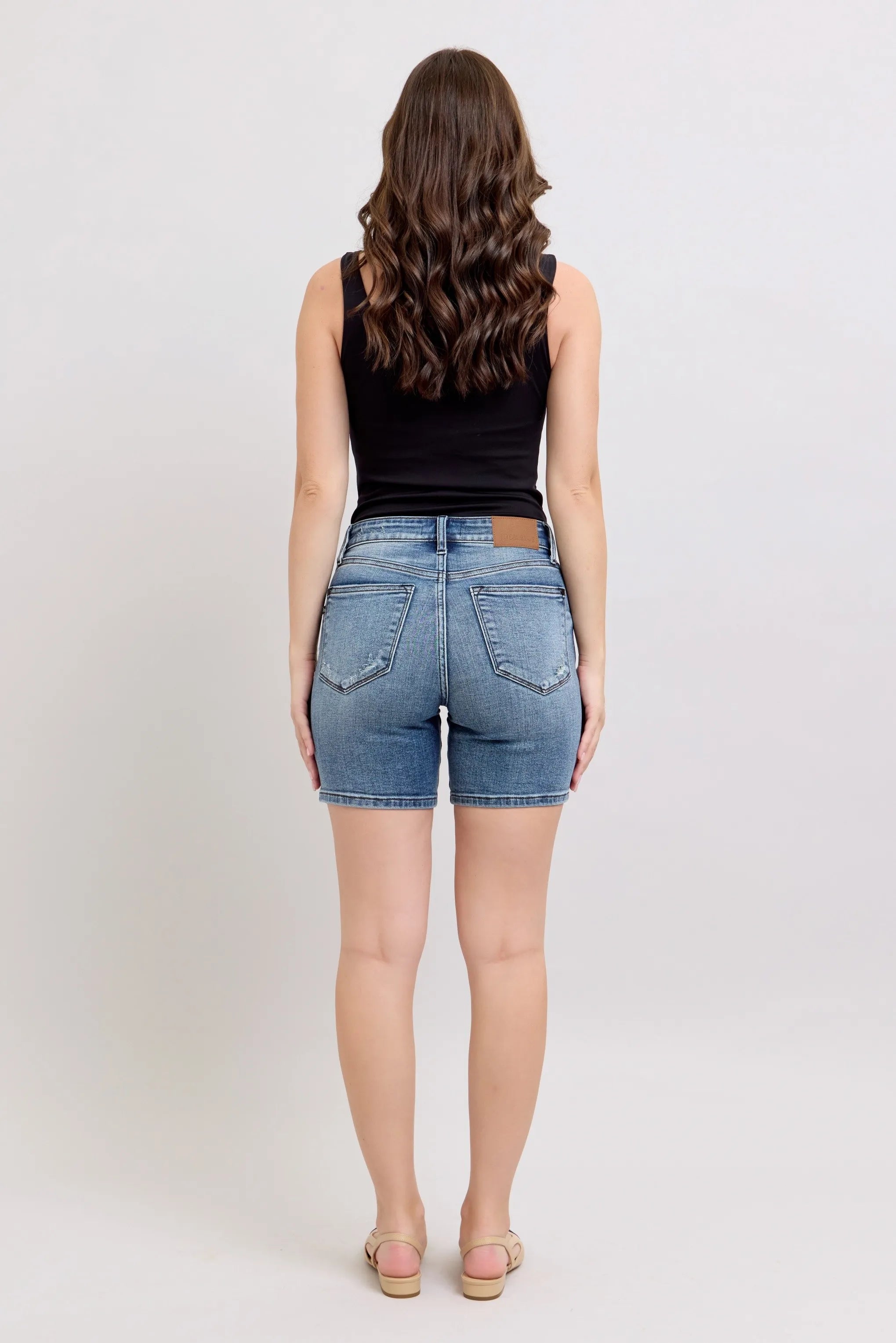Judy Blue Button Fly Mid Length Denim Shorts W/ Distressing