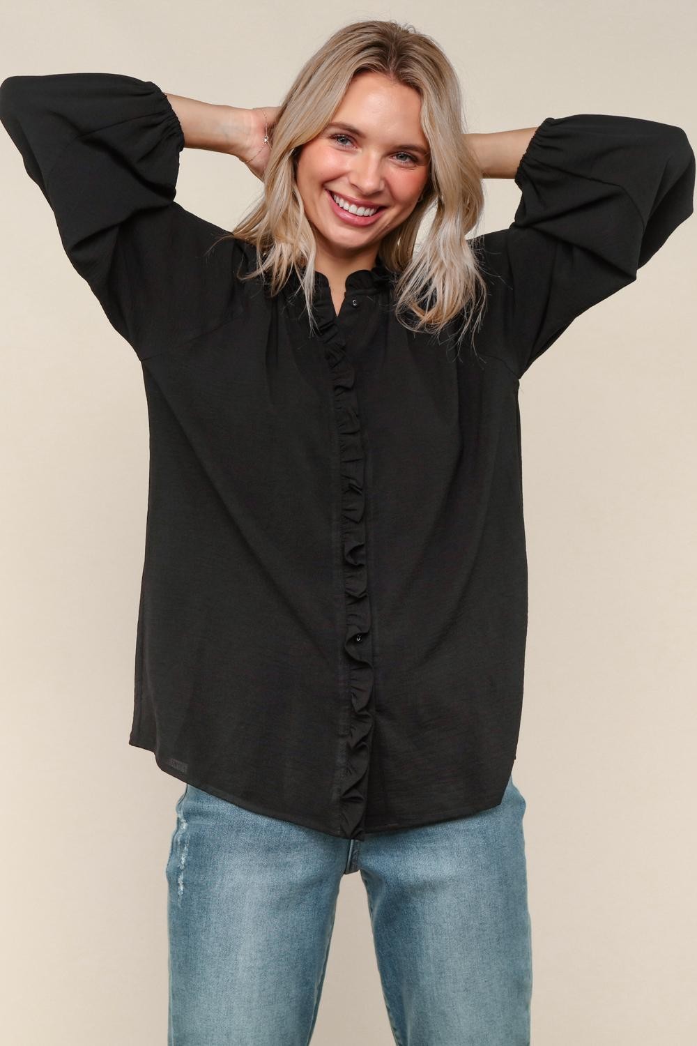 Haptics Black Frilled Placket Button Down Long Sleeve Blouse