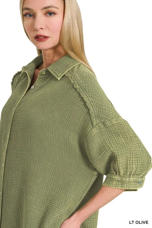 Zenana Light Olive Washed Double Gauze Button Down Shirt Dress