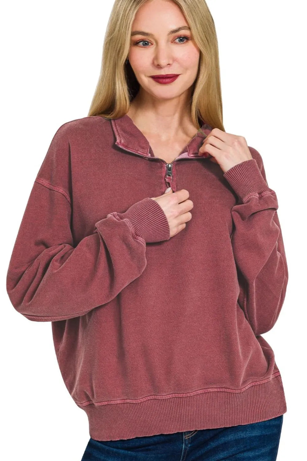 Zenana Cabernet French Terry Pigment & Enzyme Washing Half Zip Top