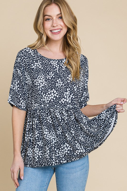 BOMBOM Black Floral Round Neck Peplum Blouse Black