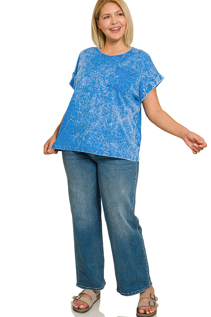 Zenana Ocean Blue Crinkle Washed Round Neck Folded Short Sleeve Tee