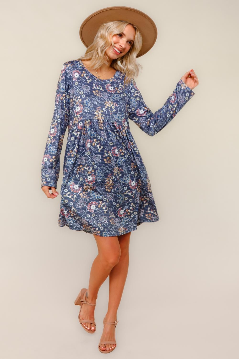 Haptics Floral Babydoll Charcoal Long Sleeve Swing Dress With Pockets