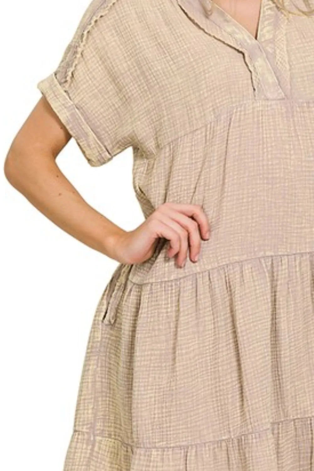 Zenana Washed Double Gauze Raw Edge Notched Dress