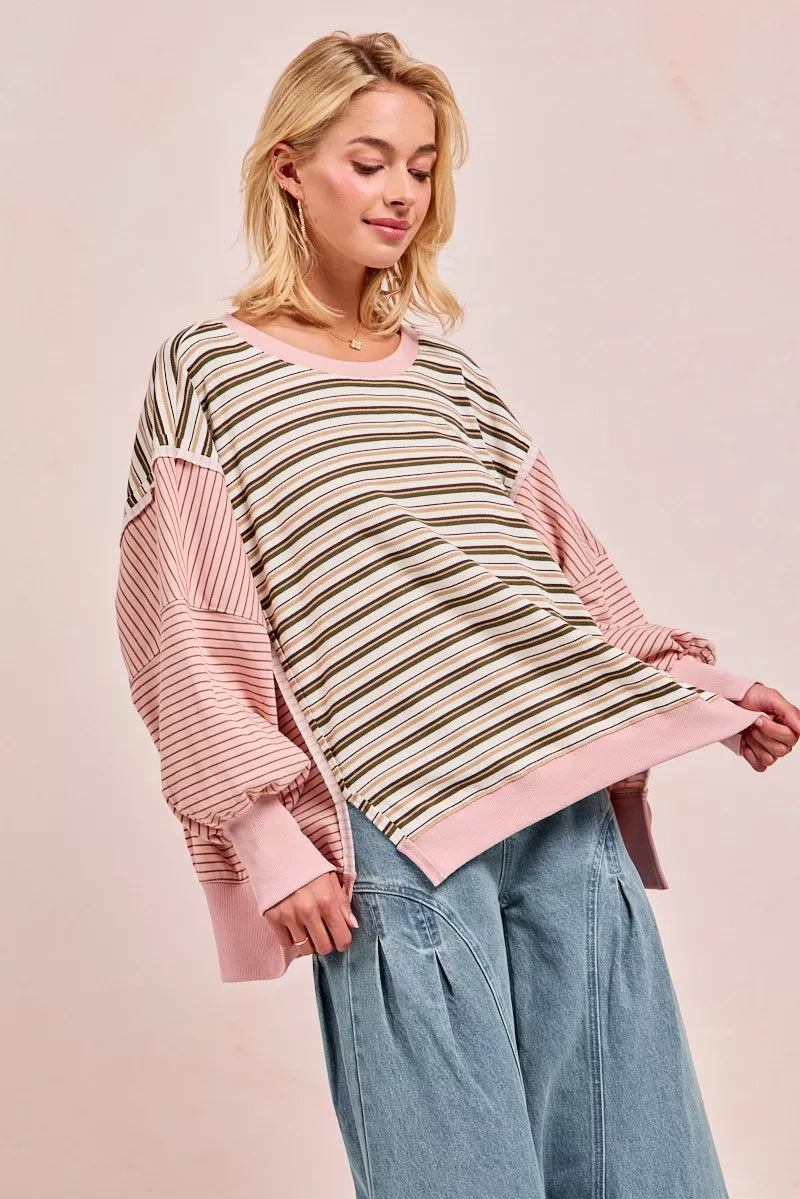 BiBi Oatmeal & Pink Stripe Mixed Top With Cut Edge And Reverse Outseams