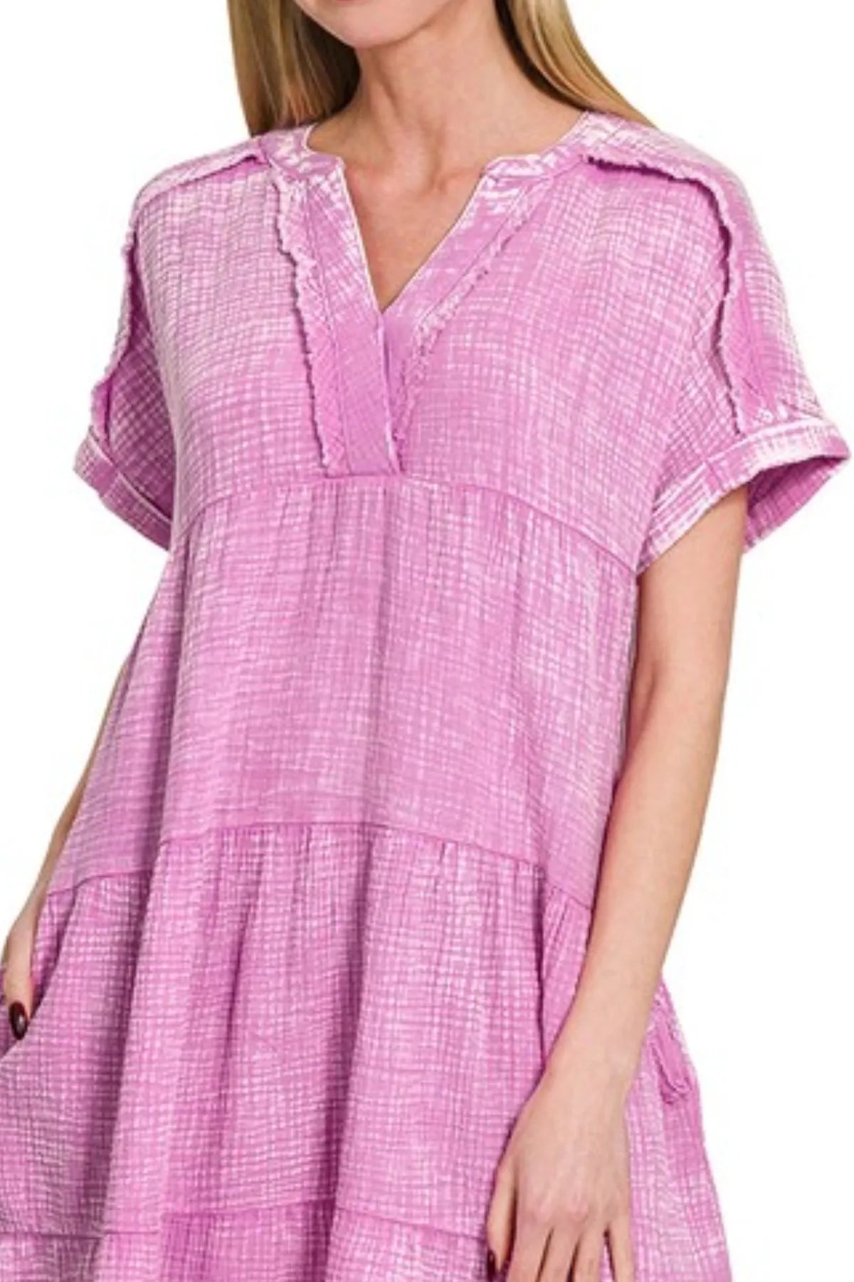 Zenana Bright Mauve Washed Double Gauze Raw Edge V-neck Dress