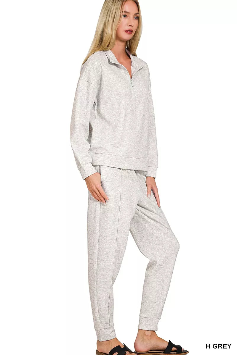Zenana Heather Grey Scuba Half Zip Pullover and Jogger Set