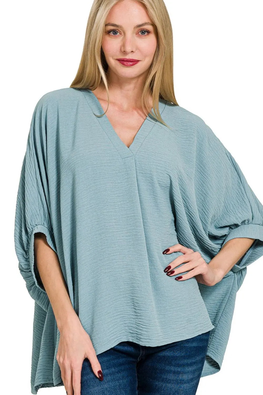 Zenana Blue Gray Woven Airflow V-neck Puff Half Sleeve Top