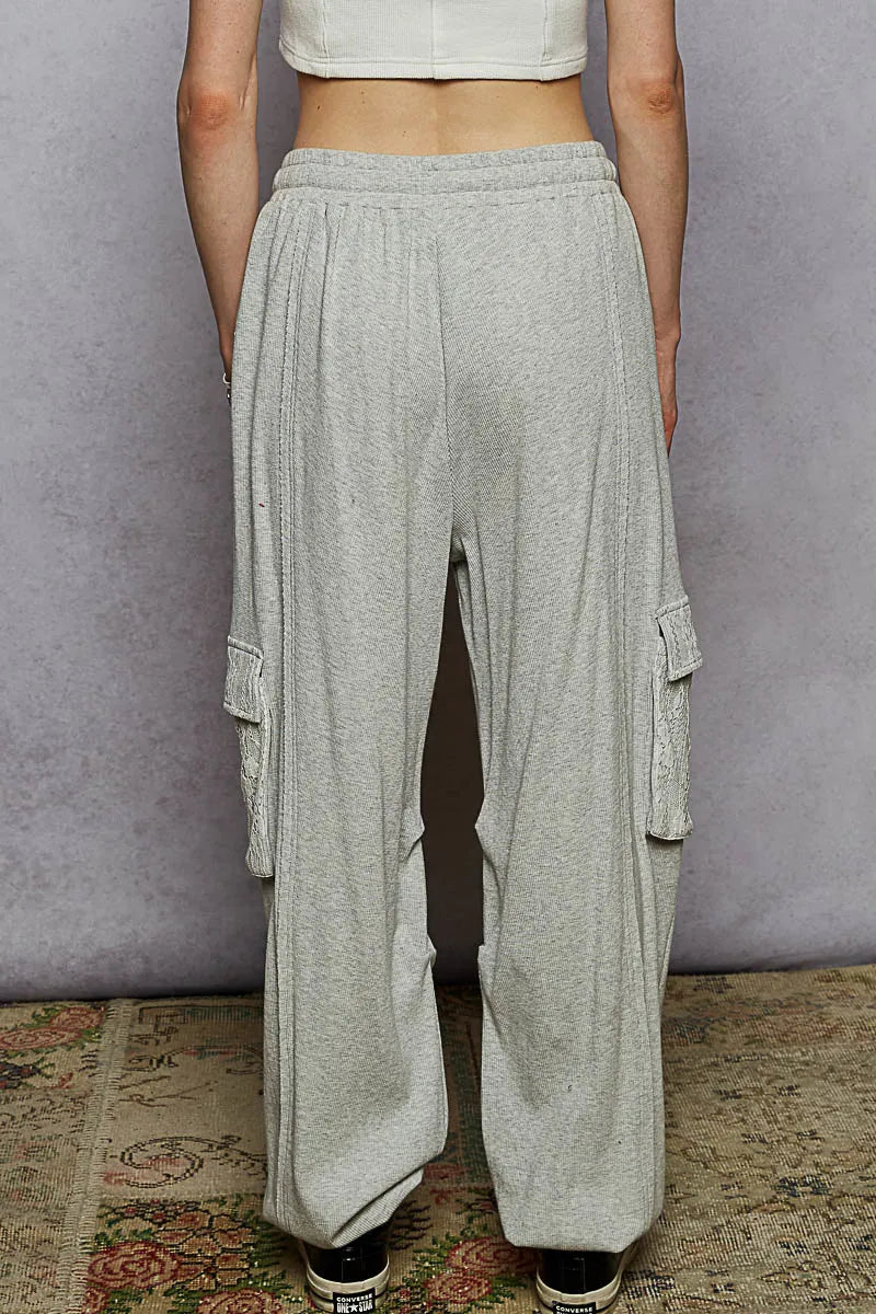 POL Heather Gray Contrast Lace Overlay Pocket Patch Thermal Knit Joggers