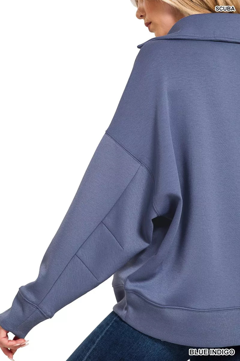 Zenana Blue Indigo Scuba Collared Pullover and Pants Set