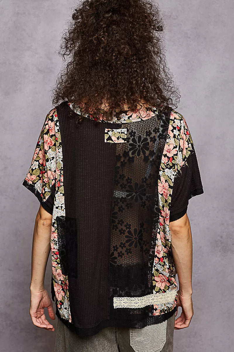 POL Black Lace Round Neck Short Sleeve Floral Pattern Top with Patch Detail