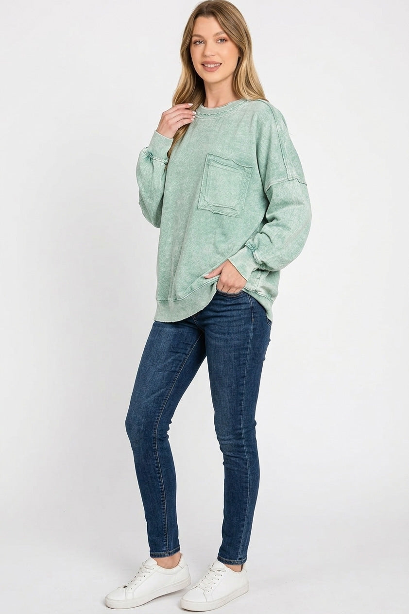 Zenana Dark Green Halo Washed French Terry Exposed-seam Sweatshirt
