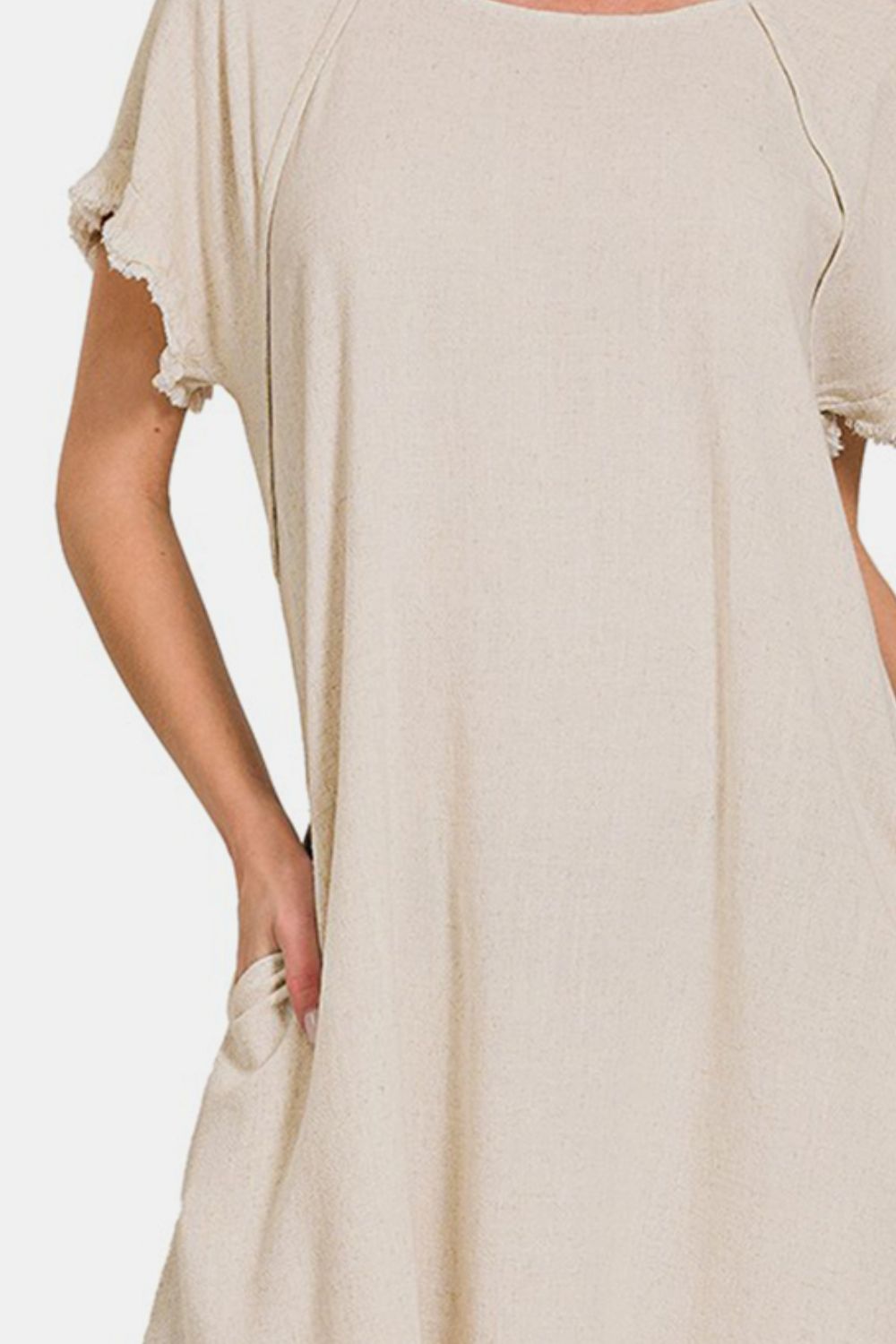 Zenana Beige Fringe Edge High Low Flowy Dress with Pockets Dresses