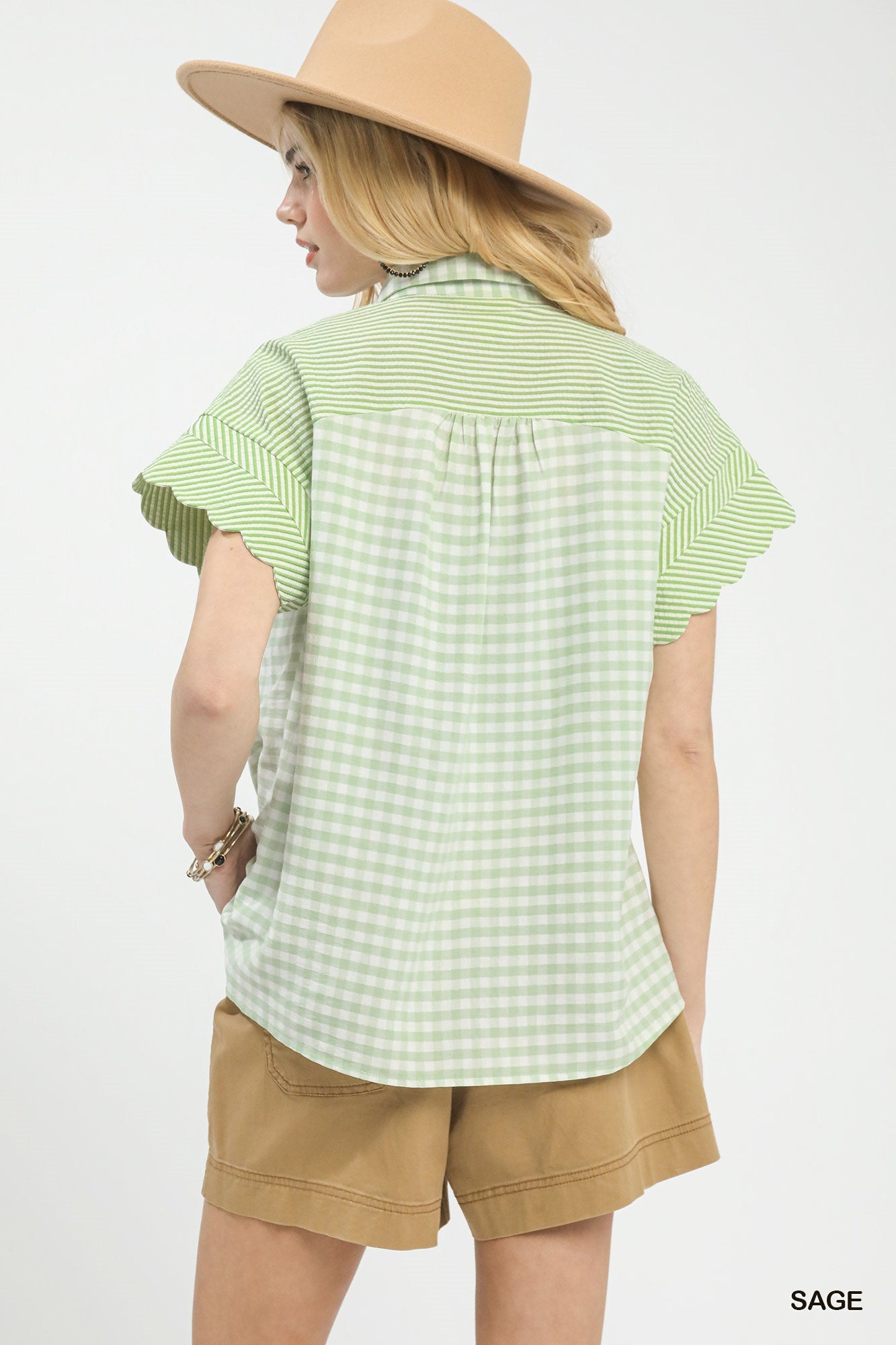 Umgee Sage Mixed Gingham Short Sleeve Shirt