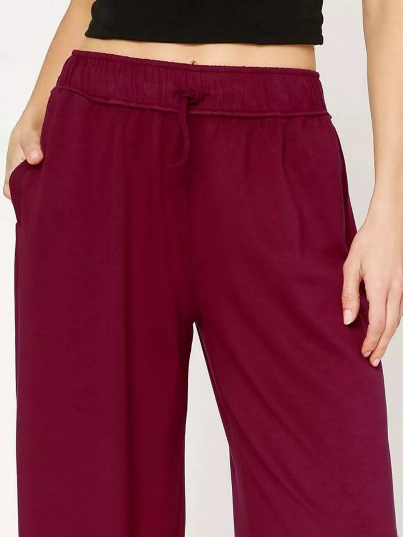Umgee Elastic Drawstring Waistband Wide Leg Pants – Merlot