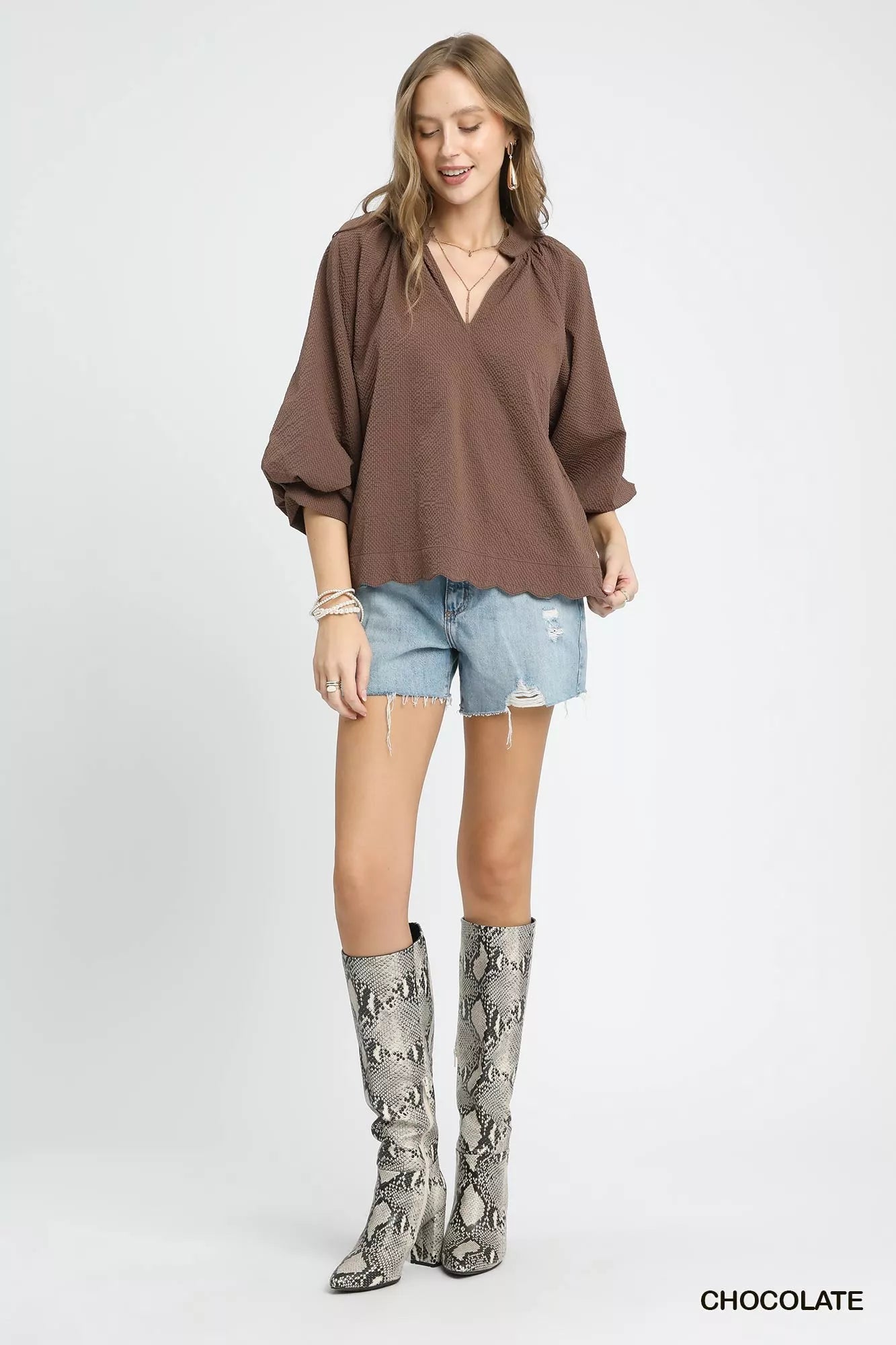 Umgee Chocolate Textured Notched Scallop Hem Balloon Sleeve Blouse