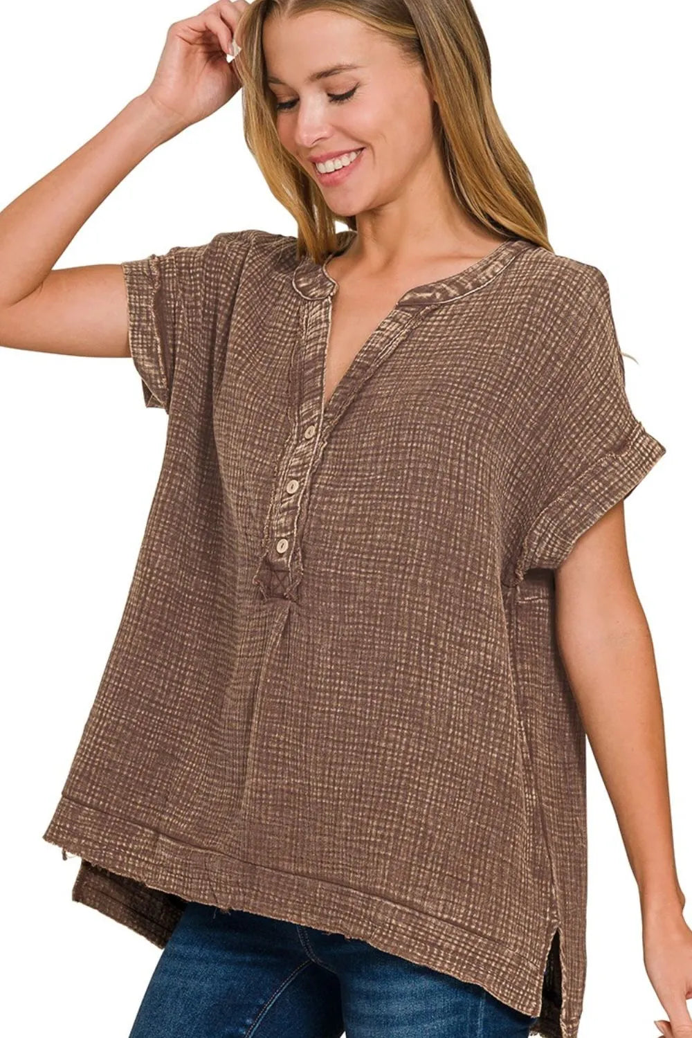 Zenana Brown Washed Double Gauze 3/4 Button Henley Neck Shirt