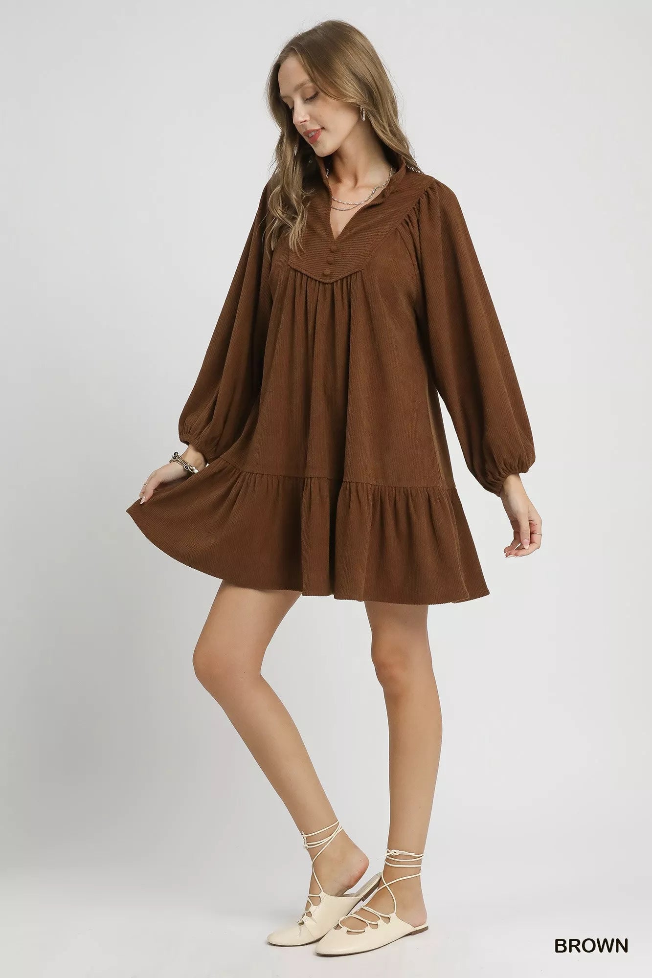 Umgee Brown Corduroy Tiered Babydoll Dress