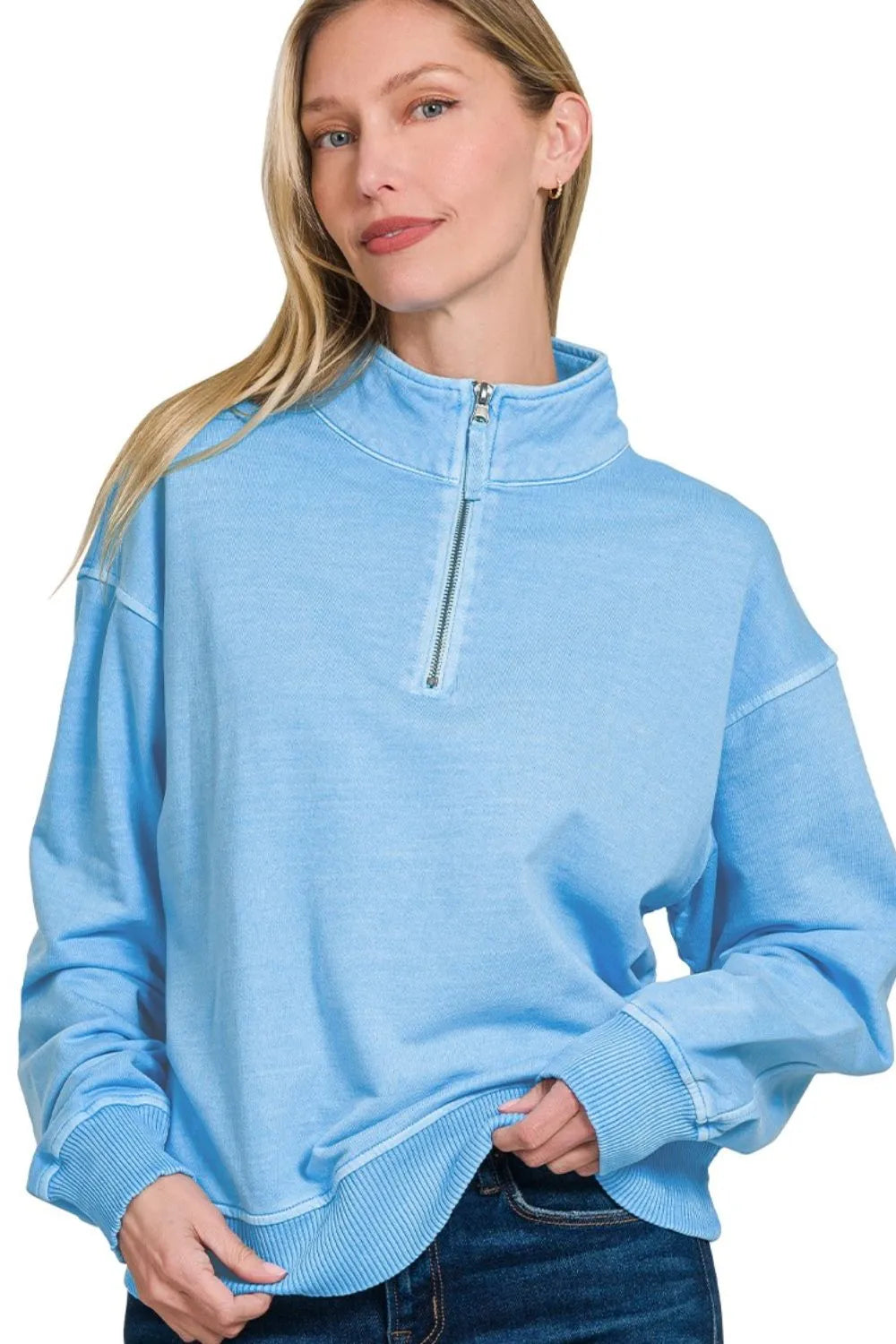 Zenana Deep Sky Pigment Dye & Enzyme Washing Half Zip Top