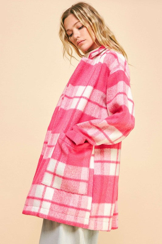Davi & Dani Hot Pink Checker Plaid Open Front Drop Shoulder Longline Coat Coats & Jackets