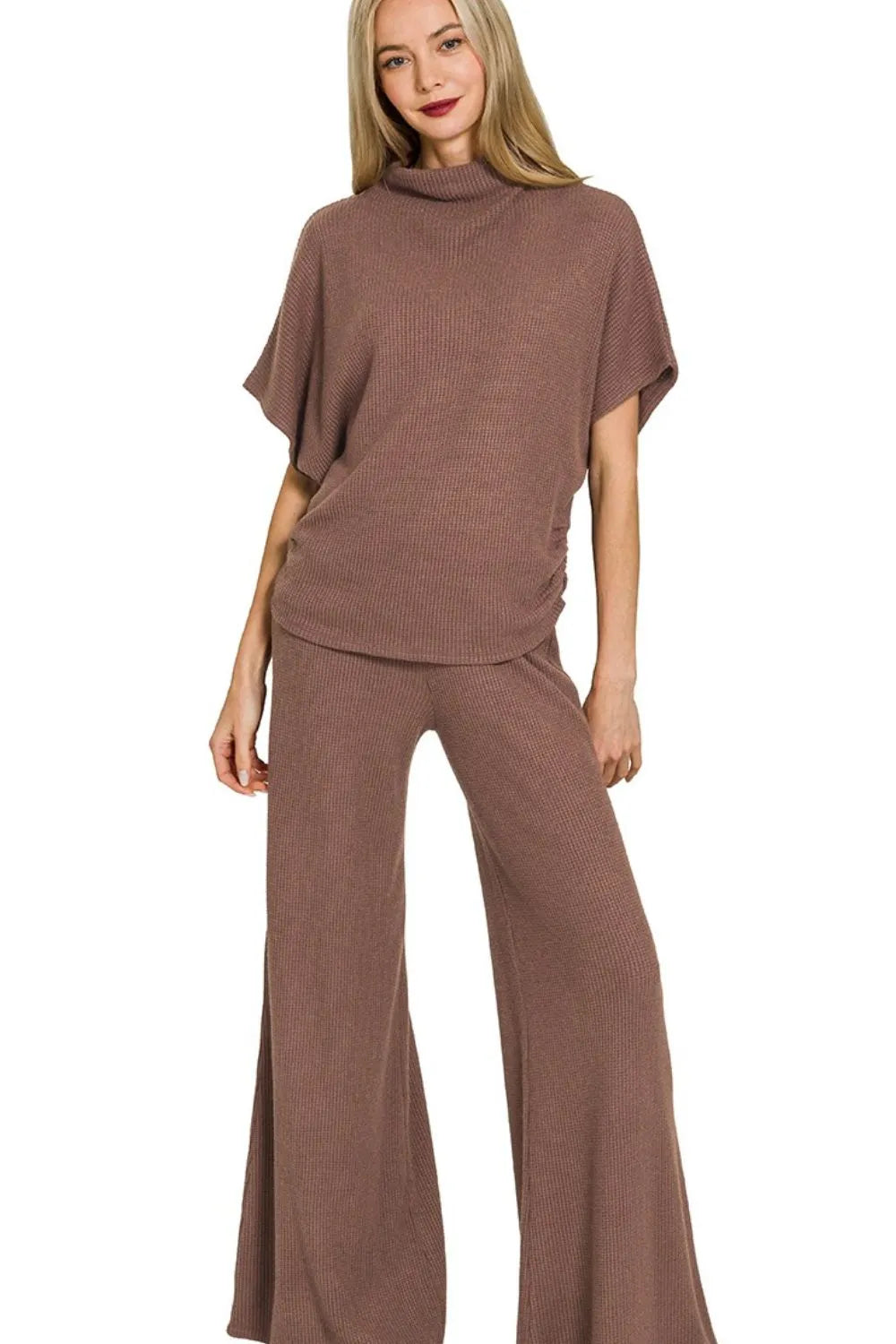 Zenana Brown Sweater Mock Neck Top & Long Pants Set