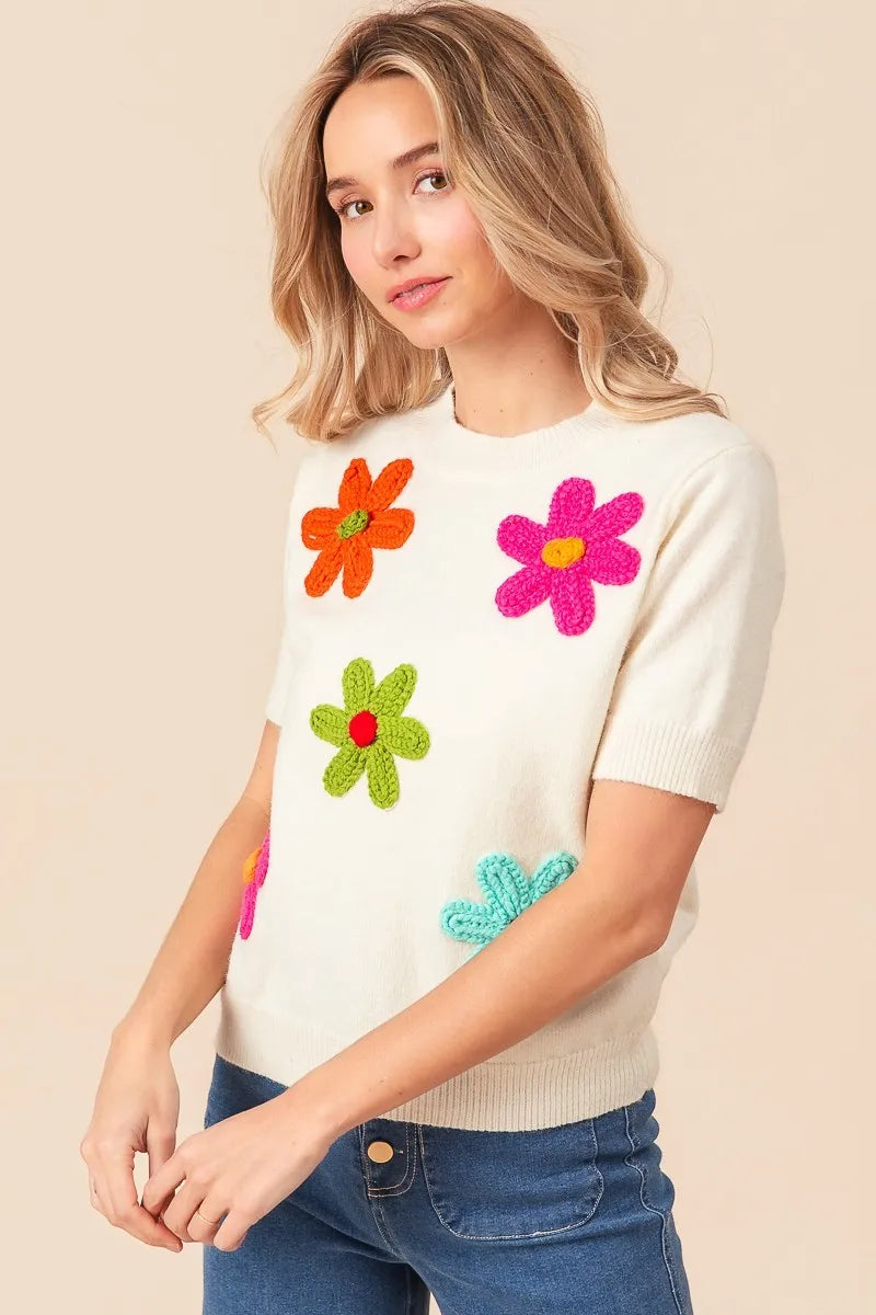 BiBi Ivory Crochet Flower Patch Sweater Top