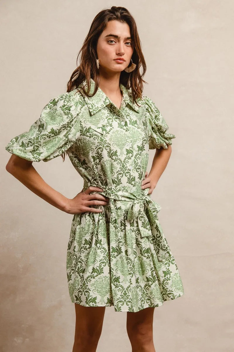 BiBi Tied Floral Short Sleeve Mini Shirt Dress in Green & Cream