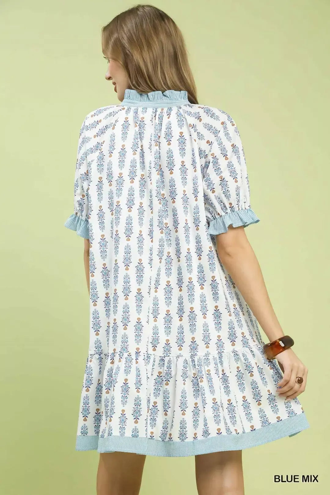 Umgee Blue Mix Striped Trim Floral Tiered Mini Dress