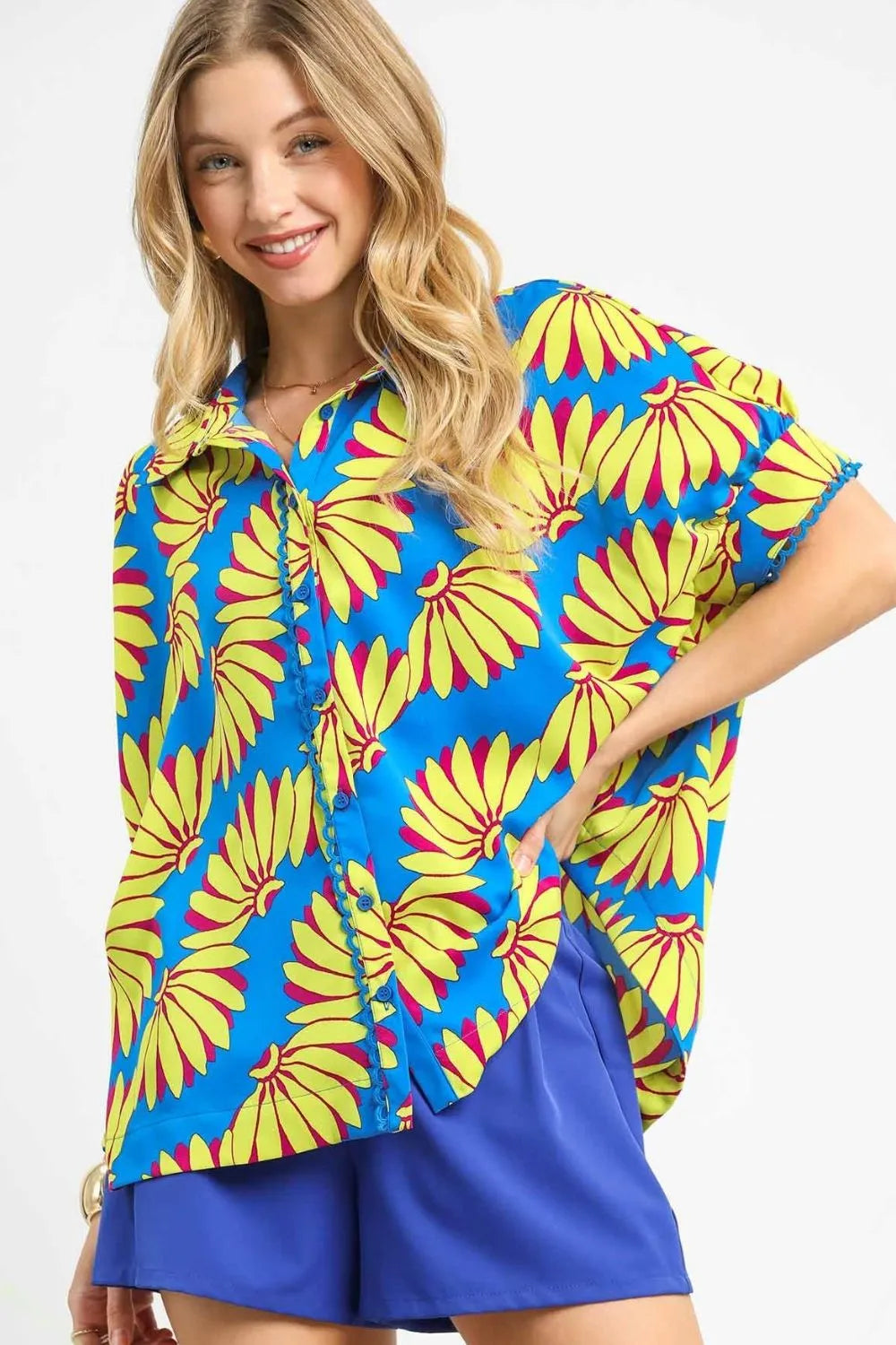 Umgee Blue Tropical Print Button-Up Shirt Sky Blue