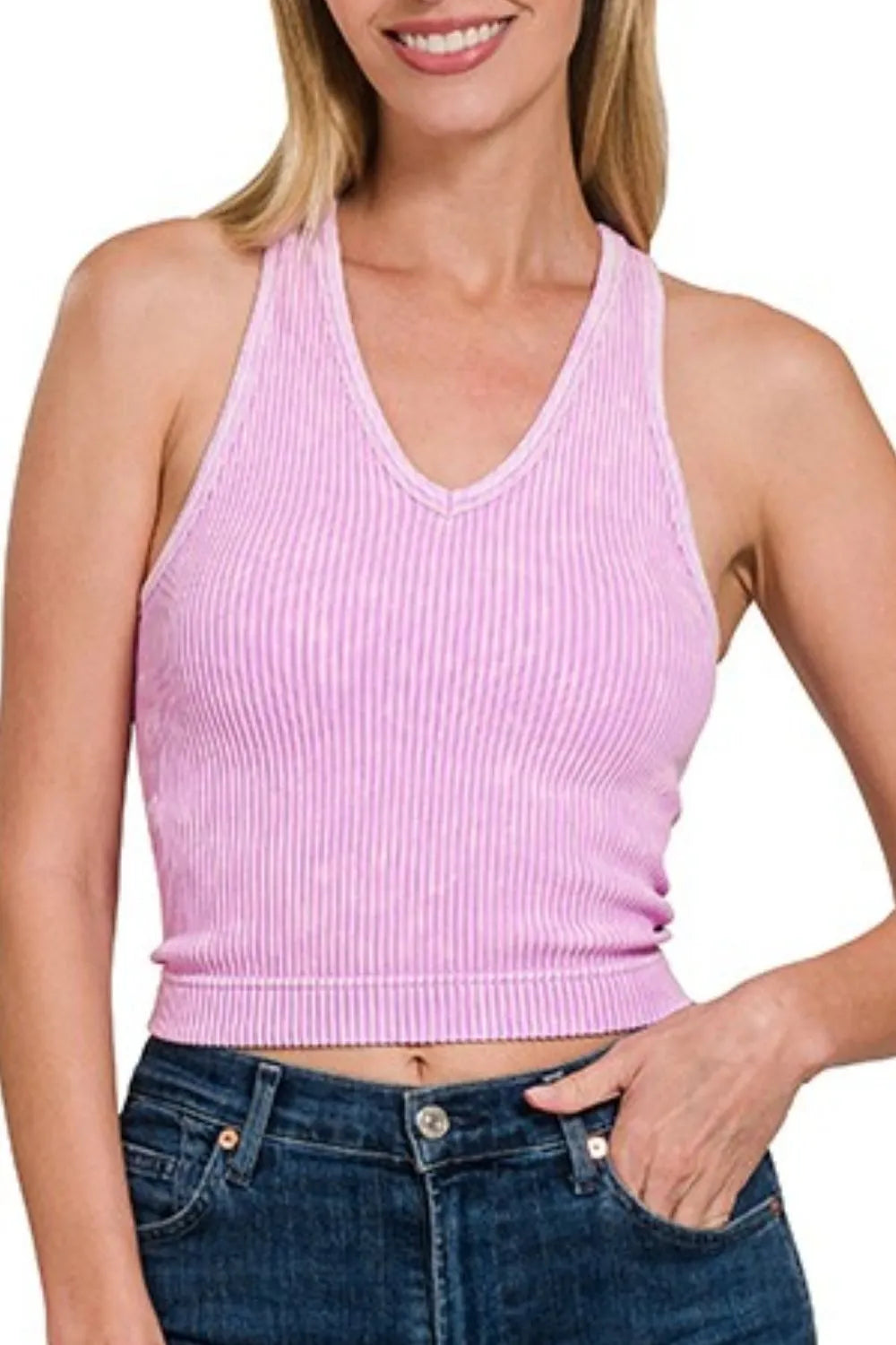 Zenana Bright Lavender Washed Ribbed Seamless Bra Padded V-neck Tank Top