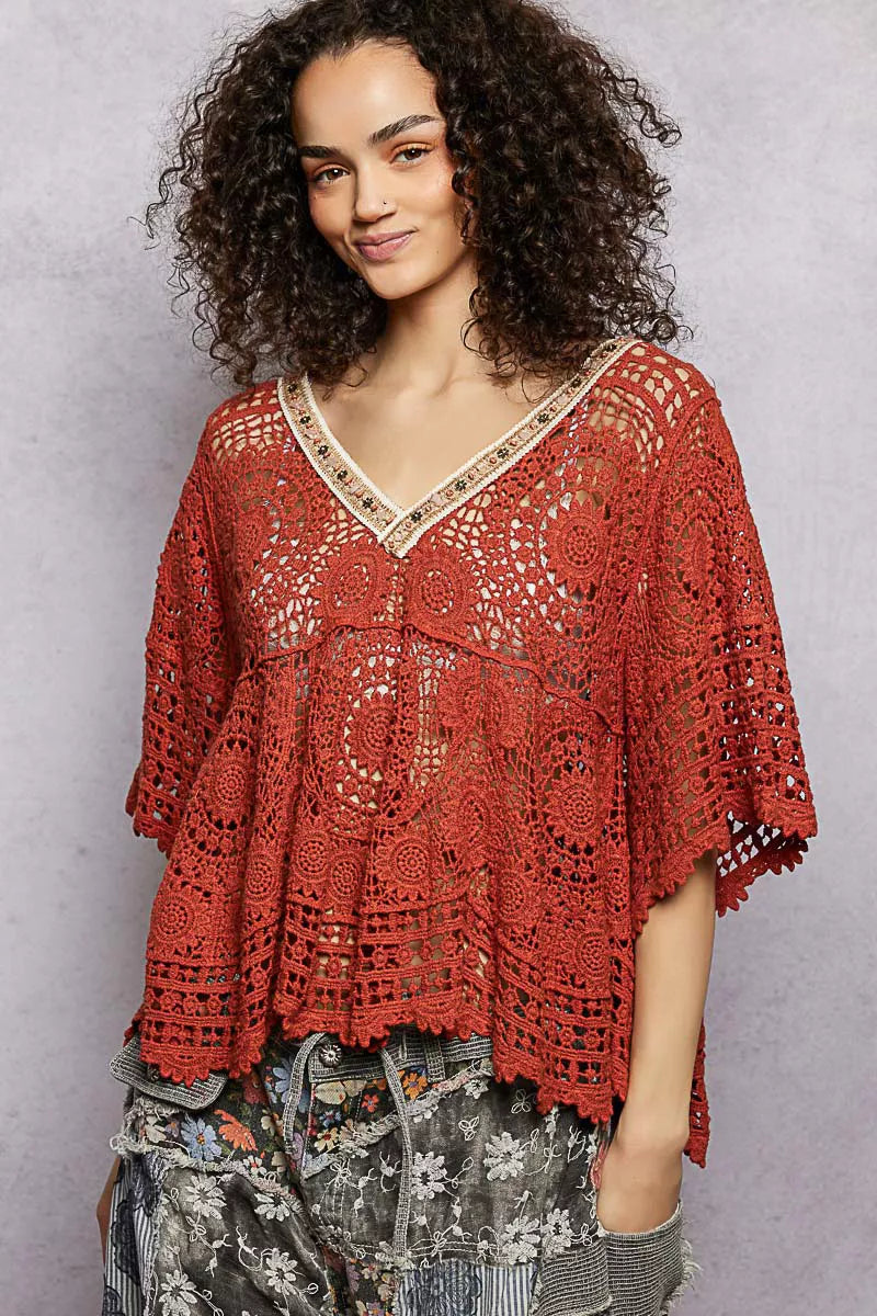 POL Ginger V-Neck Crochet Top with Scalloped Hem
