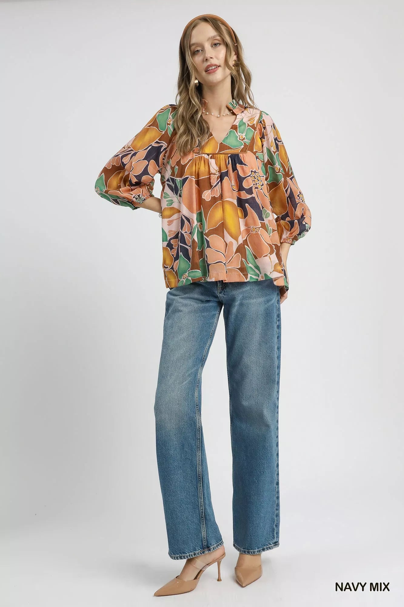 Umgee Navy Mix Multicolor Abstract Floral Print Blouse with Ruffle Neck