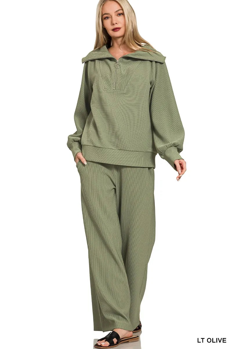 Zenana Light Olive Ribbed High Neck Half Zip Pullover & Pants Set