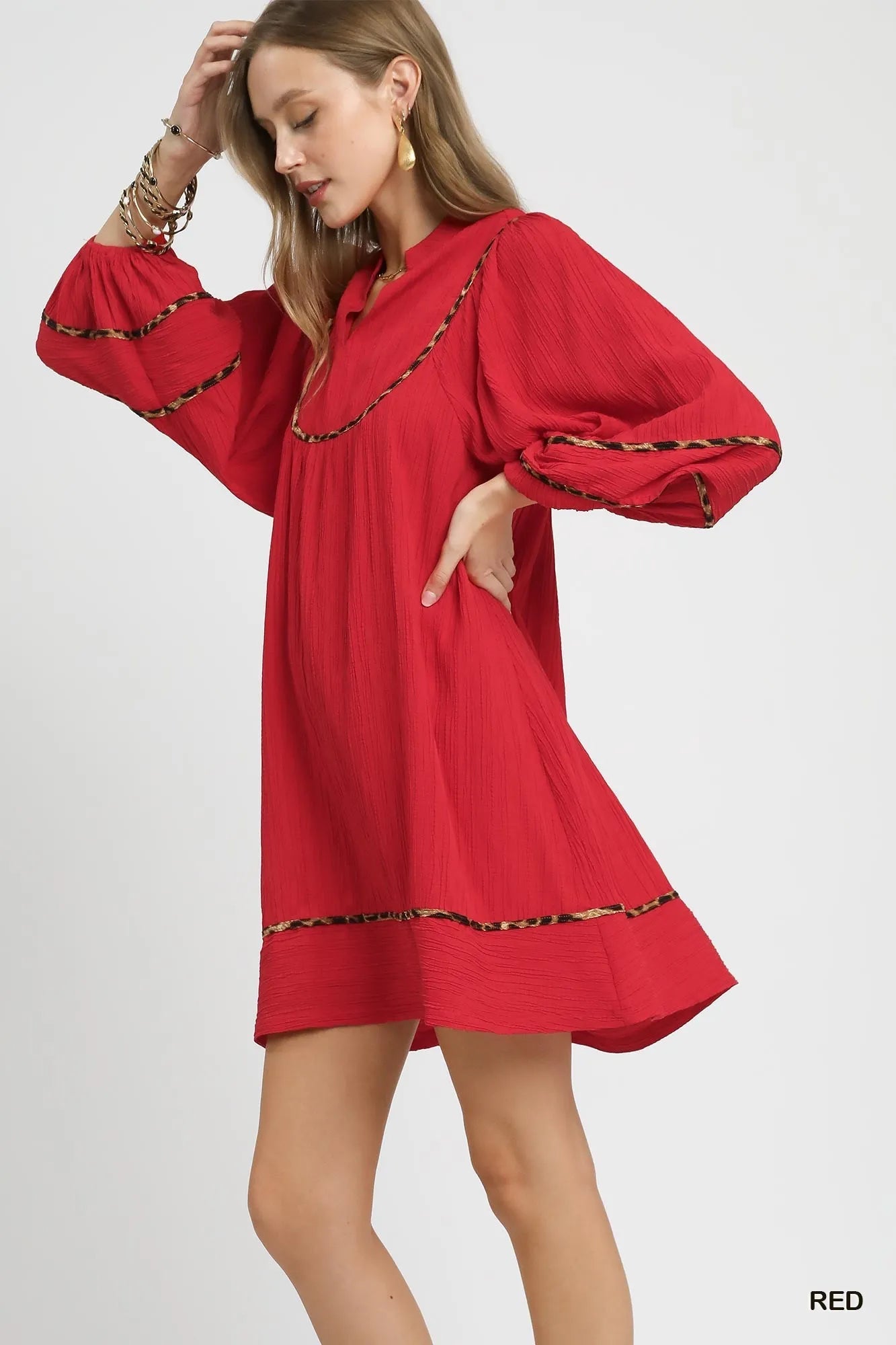 Umgee Red Textured Babydoll Dress with Leopard Trim