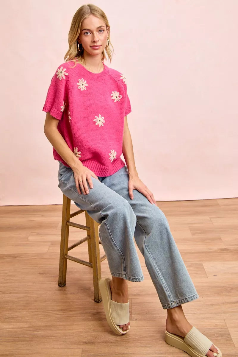 BiBi FuchsiaFlower Embroidered Short Sleeves Knit Top