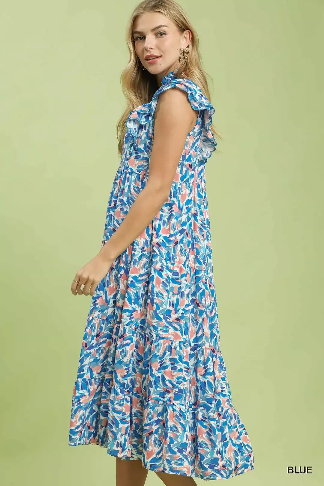 Umgee Blue Leaf Print Midi Tiered Dress with Side Pockets