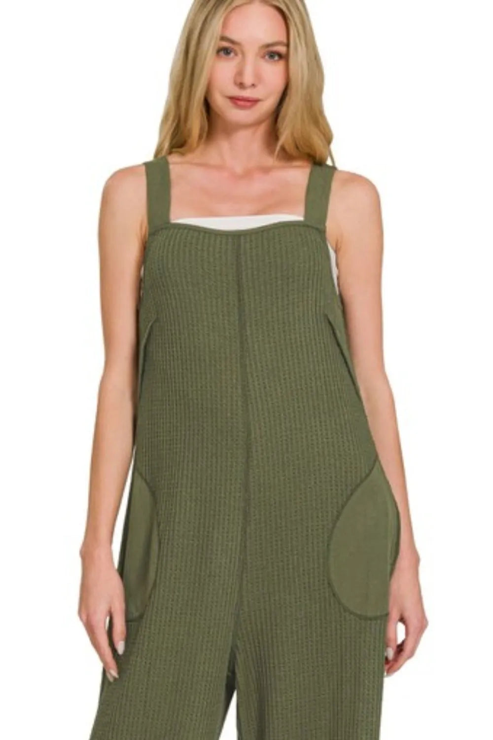 Zenana Dark Olive Knit Waffle Wide Leg Overalls