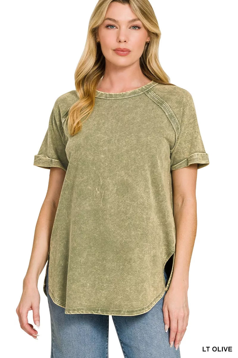 Zenana French Terry Washed Curved Hem Top LT OLIVE
