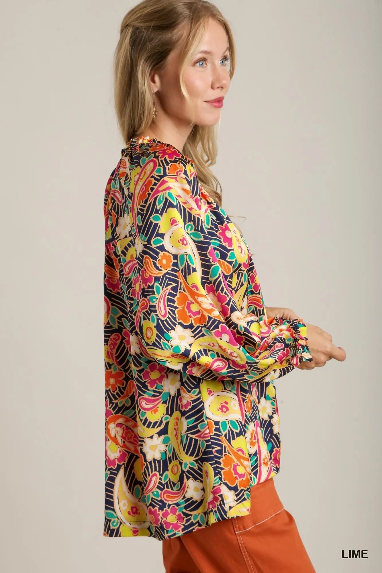 Umgee Lime Satin Paisley Floral Ruffle Neck Button-Up Shirt