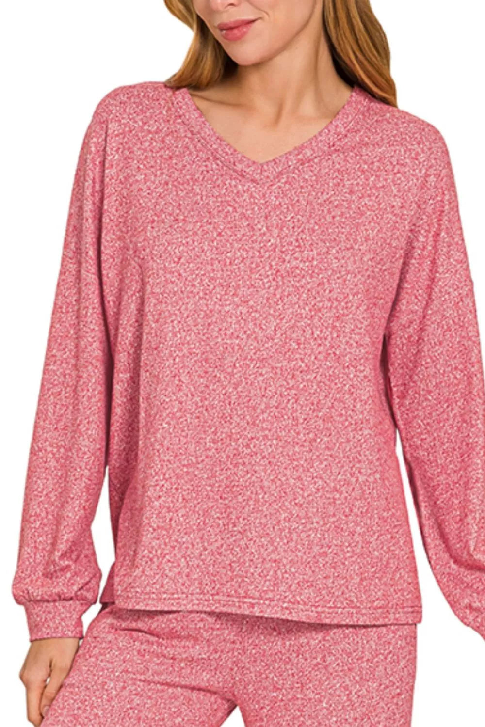 Zenana Dark Red Soft Melange Long Sleeve Tee & Pants Set