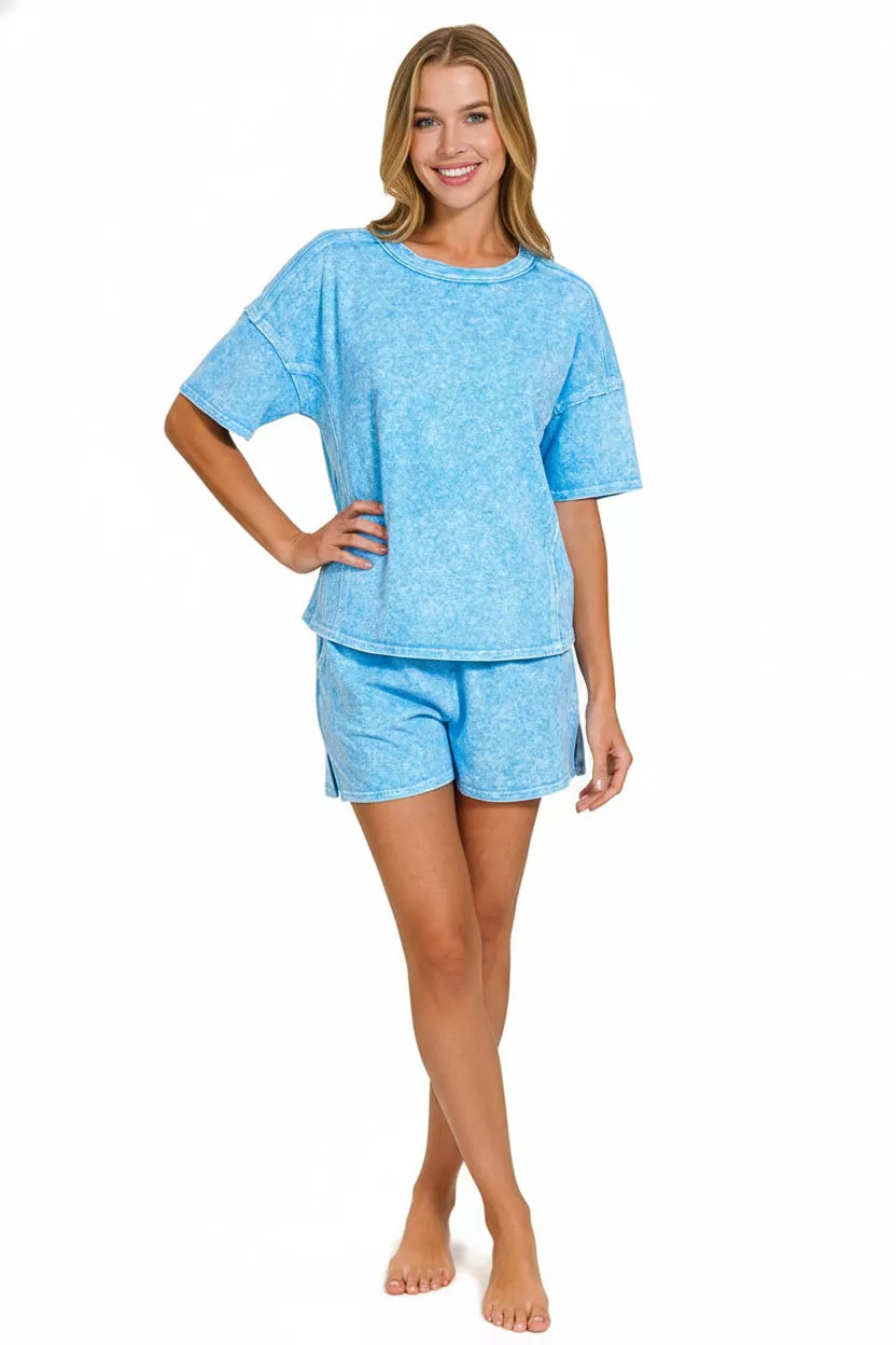 Zenana Sky Blue Halo Snow Washed Short Sleeve Tee and Shorts Set